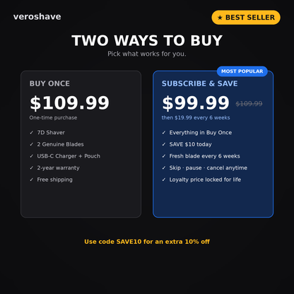 Two ways to buy: $109.99 one-time or $99.99 with auto-refill subscription. Use SAVE10 for 10% off.