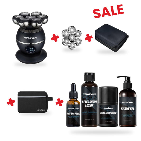 VEROSHAVE Complete Bald Kit on sale: shaver, extra 7D blade, carrying case, toiletry bag and Bald Care Kit