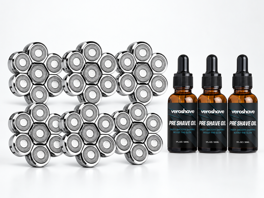 Six VEROSHAVE blades with three bottles of Pre-Shave Oil
